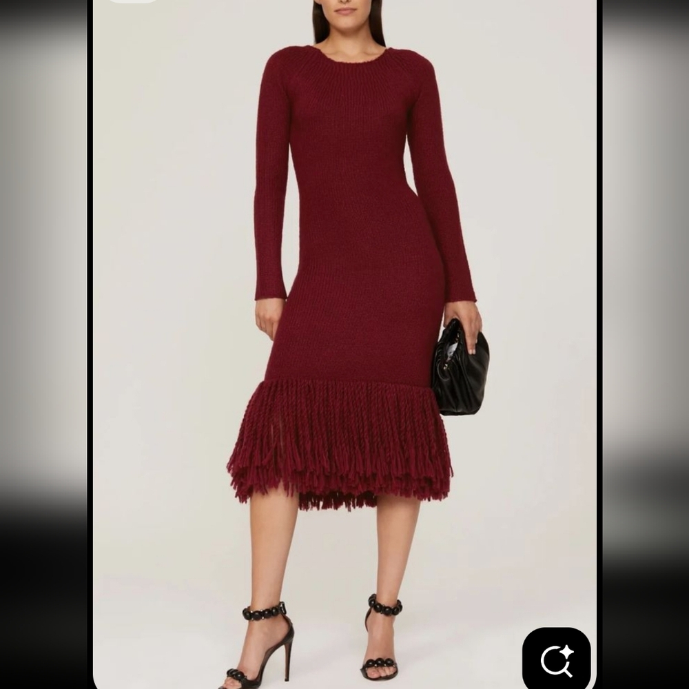 Marina Moscone Burgundy Long Sweater Fringe Dress